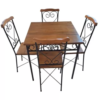 Jogo De Mesa Quadrada 70x70cm E 4 Cadeiras Em Ferro E Madeira